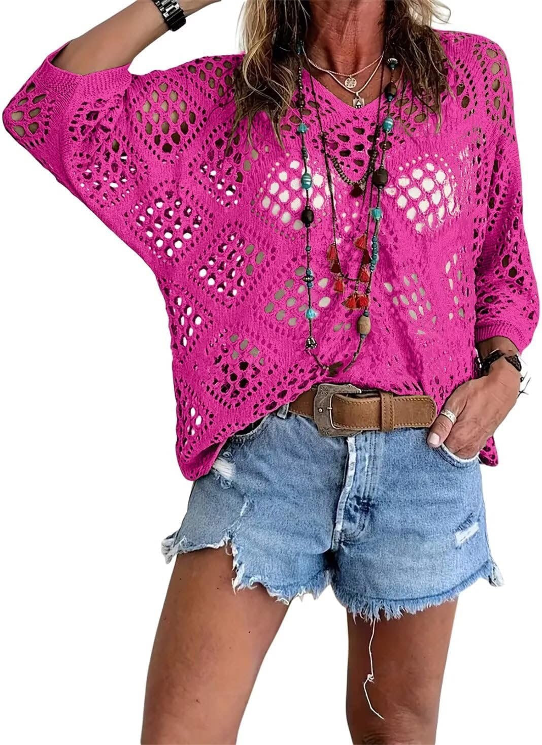 🥰Letný výpredaj - 50% ZĽAVA💛Dámska béžová pletená blúzka s bohémskym štýlom a V-detailmi