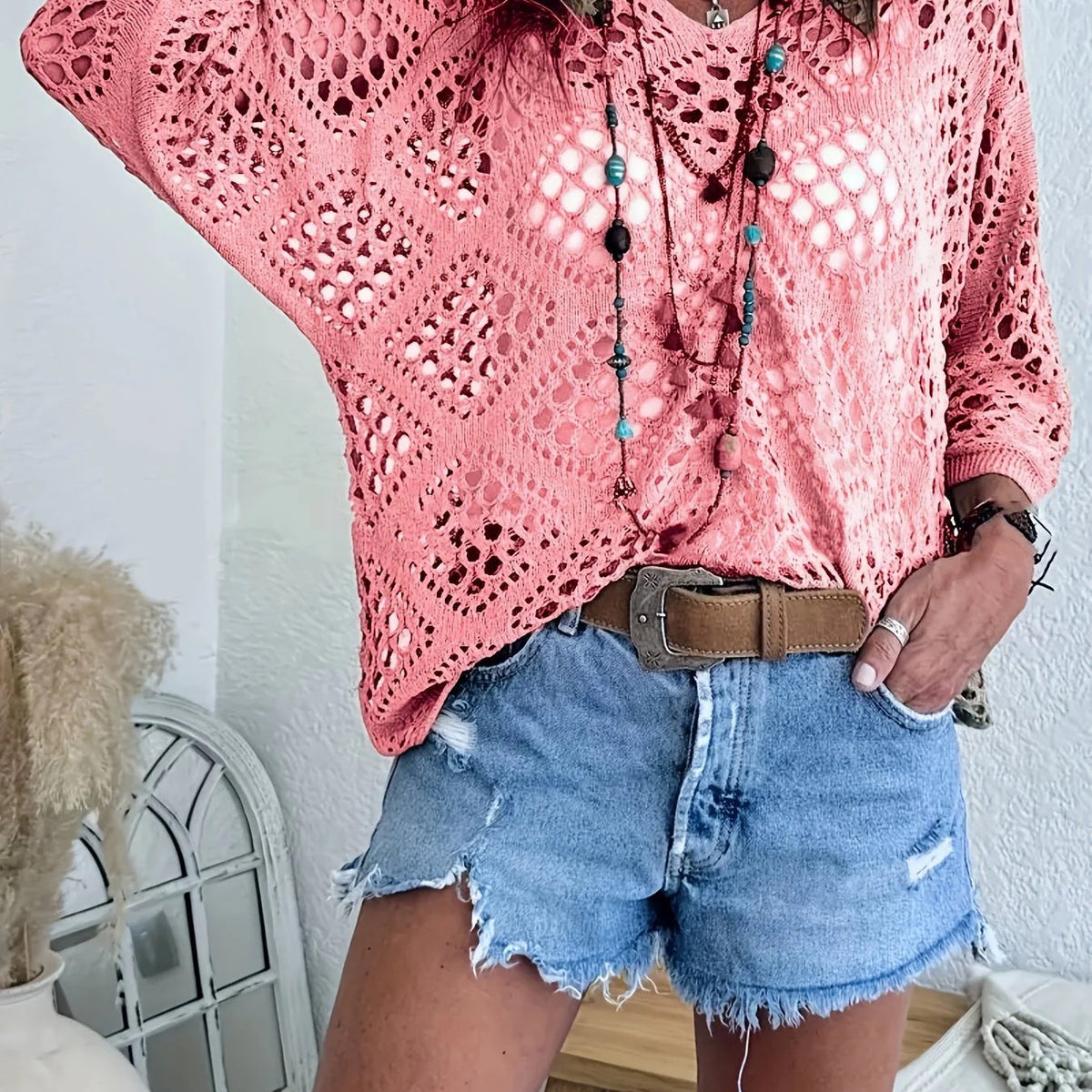 🥰Letný výpredaj - 50% ZĽAVA💛Dámska béžová pletená blúzka s bohémskym štýlom a V-detailmi