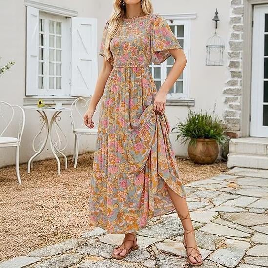 👗Dámske ležérne maxišaty s kvetinovou potlačou, krátkymi volánkovými rukávmi, riasením a vysokým pásom