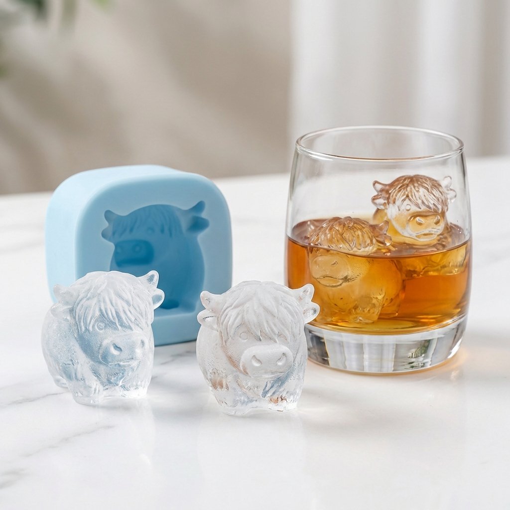 🐮 Formička na kocky ľadu v tvare mini škótskej kravy – roztomilý 3D ľad do nápojov, na večierky a ako darček