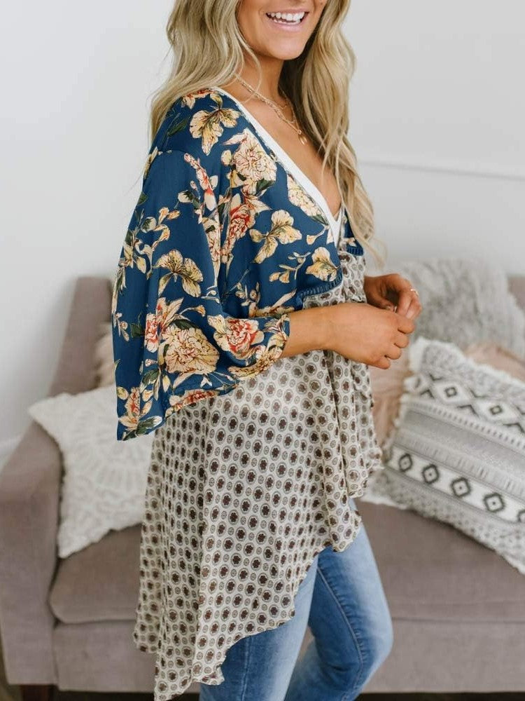 🌸Dámske kvetinové kimono s volánkovými rukávmi a viazaním – vzdušné voľné prikrývky v štýle boho