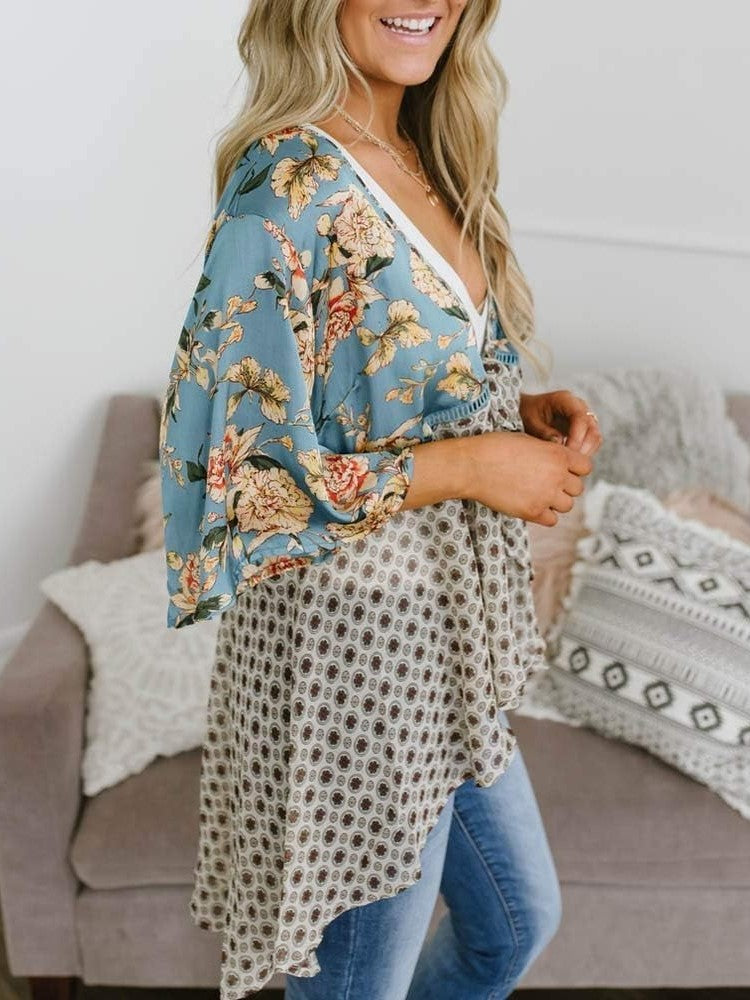 🌸Dámske kvetinové kimono s volánkovými rukávmi a viazaním – vzdušné voľné prikrývky v štýle boho