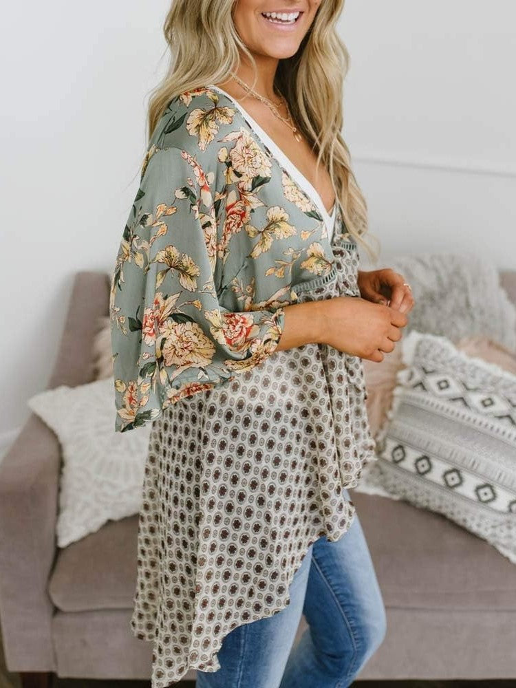 🌸Dámske kvetinové kimono s volánkovými rukávmi a viazaním – vzdušné voľné prikrývky v štýle boho