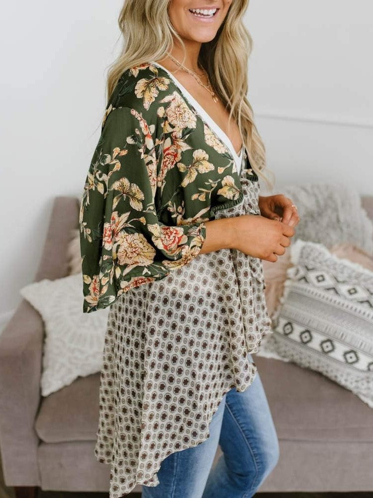 🌸Dámske kvetinové kimono s volánkovými rukávmi a viazaním – vzdušné voľné prikrývky v štýle boho