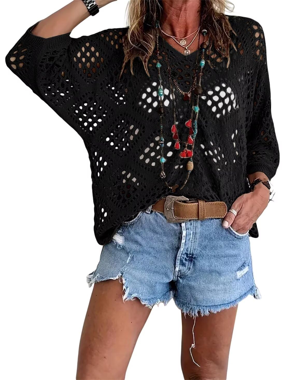 🥰Letný výpredaj - 50% ZĽAVA💛Dámska béžová pletená blúzka s bohémskym štýlom a V-detailmi