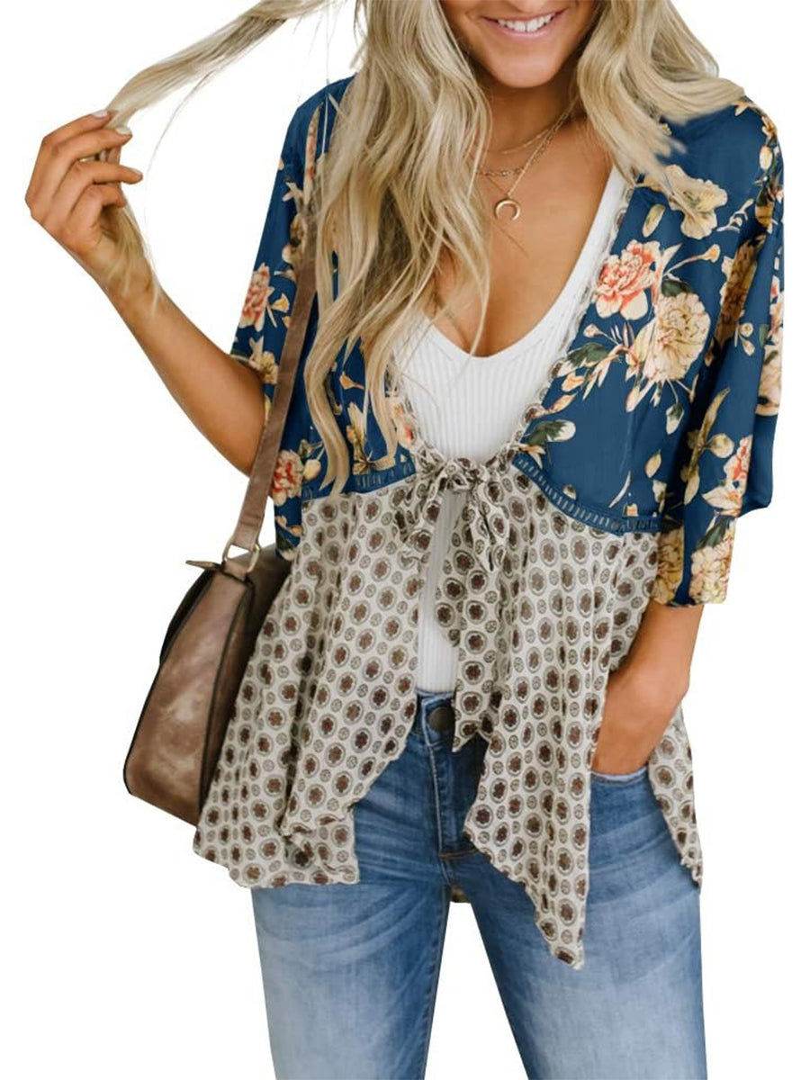 🌸Dámske kvetinové kimono s volánkovými rukávmi a viazaním – vzdušné voľné prikrývky v štýle boho