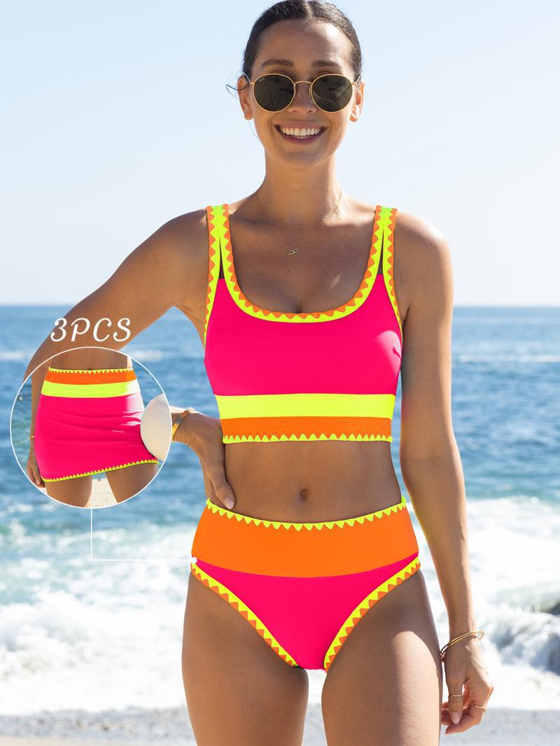 🌼 Trojdielne športové bikiny z nylonu s farebnými blokmi – vysoký pás so zoštíhľujúcim efektom na brucho 👙