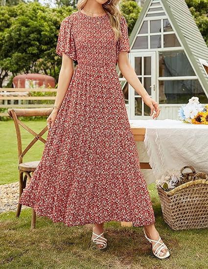 👗Dámske ležérne maxišaty s kvetinovou potlačou, krátkymi volánkovými rukávmi, riasením a vysokým pásom