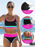 🌼 Trojdielne športové bikiny z nylonu s farebnými blokmi – vysoký pás so zoštíhľujúcim efektom na brucho 👙