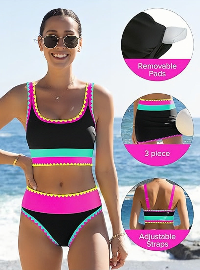 🌼 Trojdielne športové bikiny z nylonu s farebnými blokmi – vysoký pás so zoštíhľujúcim efektom na brucho 👙