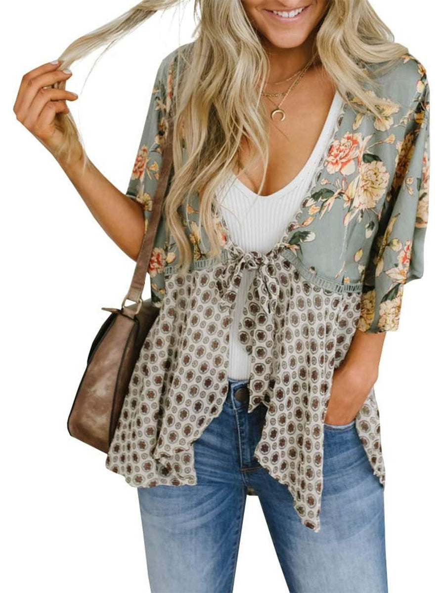 🌸Dámske kvetinové kimono s volánkovými rukávmi a viazaním – vzdušné voľné prikrývky v štýle boho