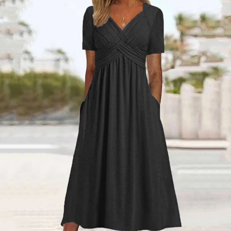 👗 Dámske dlhé šaty s výstrihom do V a krátkymi rukávmi 🌸 Elegantný splývavý strih, pohodlný materiál a nenáročný štýl pre každodenné nosenie