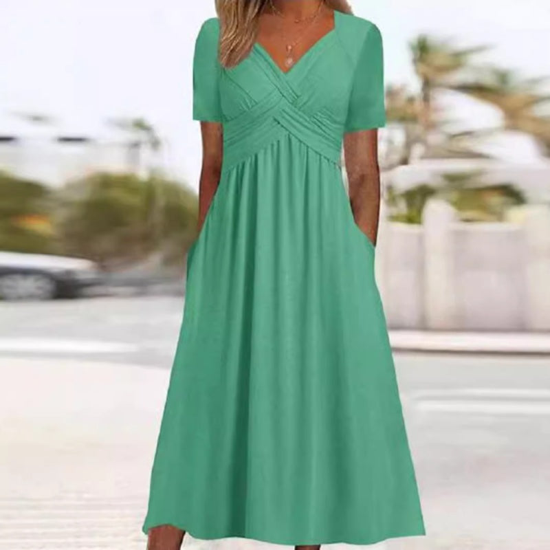 👗 Dámske dlhé šaty s výstrihom do V a krátkymi rukávmi 🌸 Elegantný splývavý strih, pohodlný materiál a nenáročný štýl pre každodenné nosenie