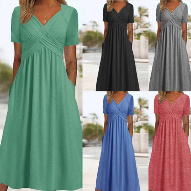 👗 Dámske dlhé šaty s výstrihom do V a krátkymi rukávmi 🌸 Elegantný splývavý strih, pohodlný materiál a nenáročný štýl pre každodenné nosenie