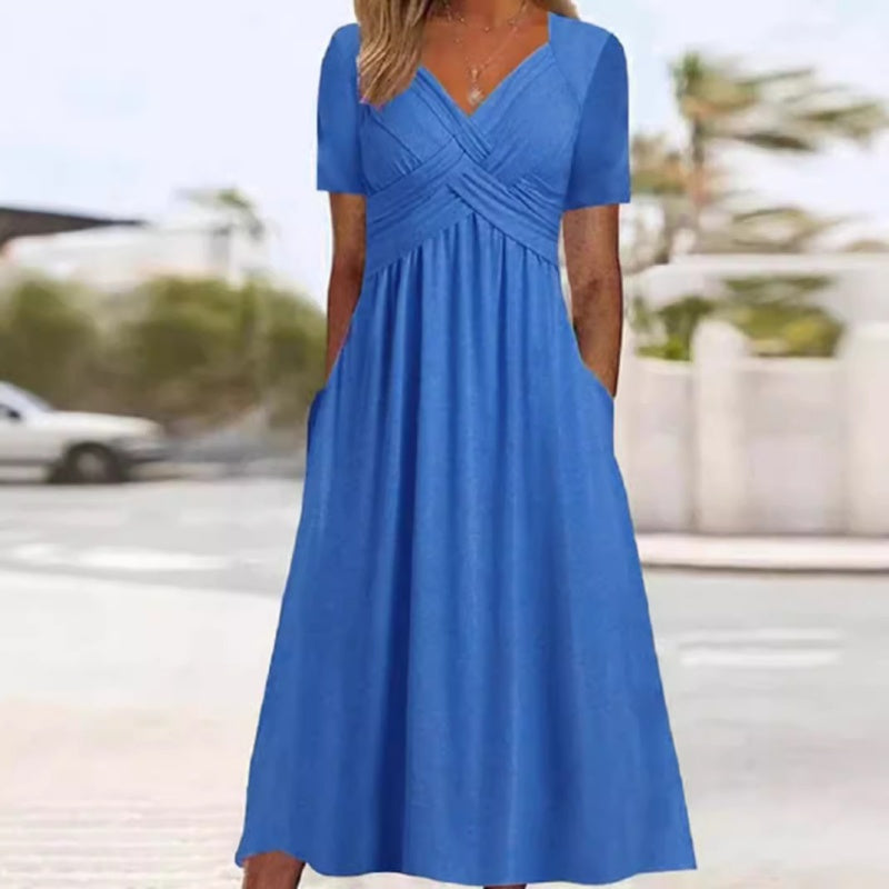 👗 Dámske dlhé šaty s výstrihom do V a krátkymi rukávmi 🌸 Elegantný splývavý strih, pohodlný materiál a nenáročný štýl pre každodenné nosenie