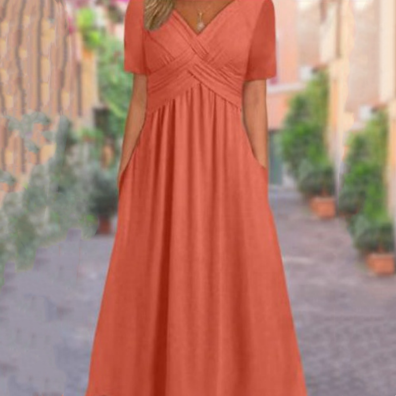 👗 Dámske dlhé šaty s výstrihom do V a krátkymi rukávmi 🌸 Elegantný splývavý strih, pohodlný materiál a nenáročný štýl pre každodenné nosenie
