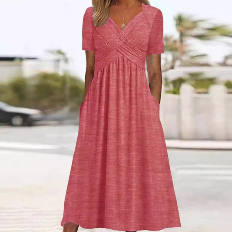 👗 Dámske dlhé šaty s výstrihom do V a krátkymi rukávmi 🌸 Elegantný splývavý strih, pohodlný materiál a nenáročný štýl pre každodenné nosenie