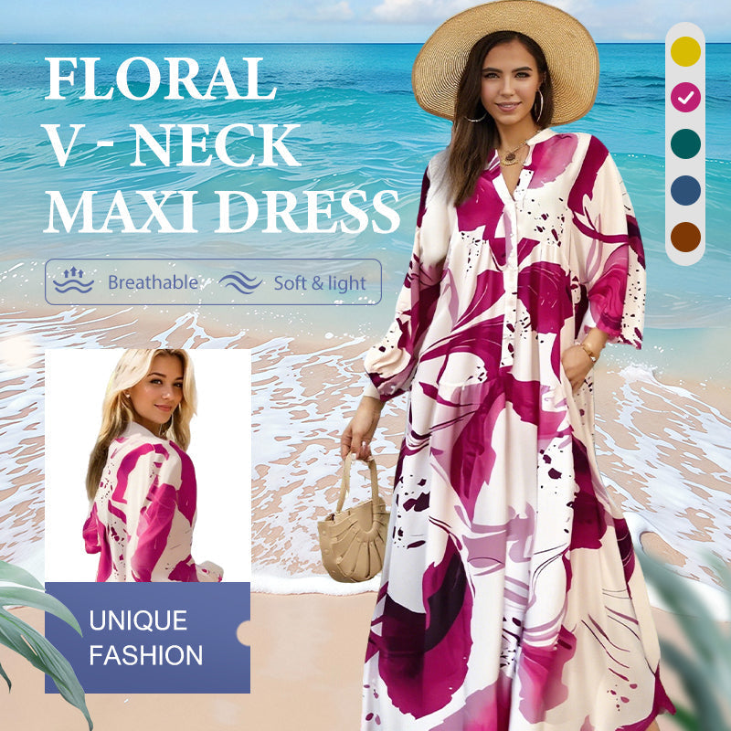 👗 50% ZĽAVA! 🌸 Dámske maxi šaty s kvetinovým vzorom a výstrihom do V – splývavá látka, romantický dizajn a ideálny na leto ☀️