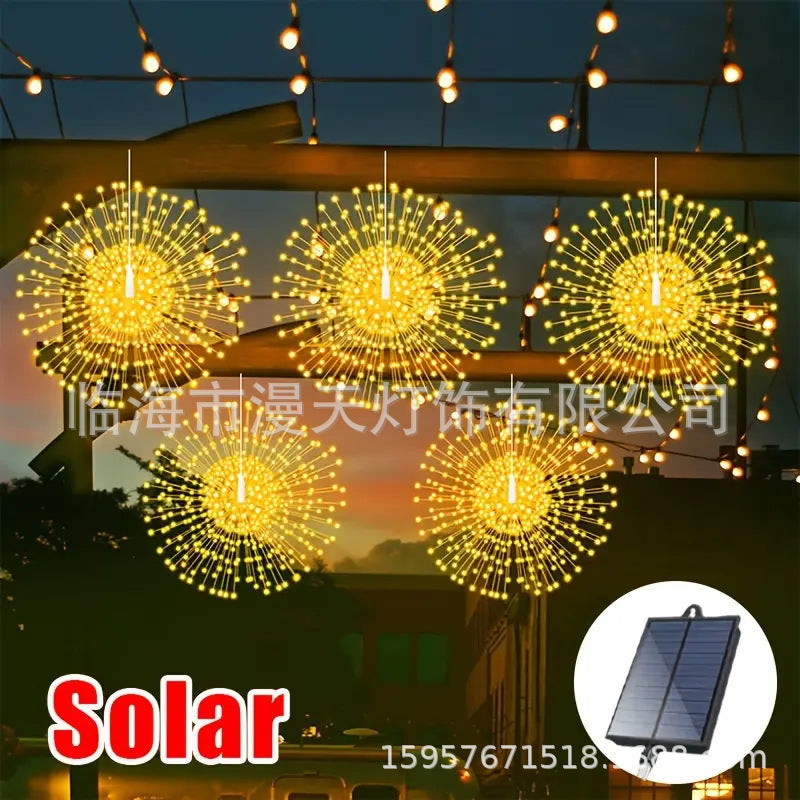 ☀️🎆 Solárne svetelné reťaze Solar Fireworks – automatické zapínanie/vypínanie, vodotesné LED diódy pre záhradu, terasu a večierky 🎉✨
