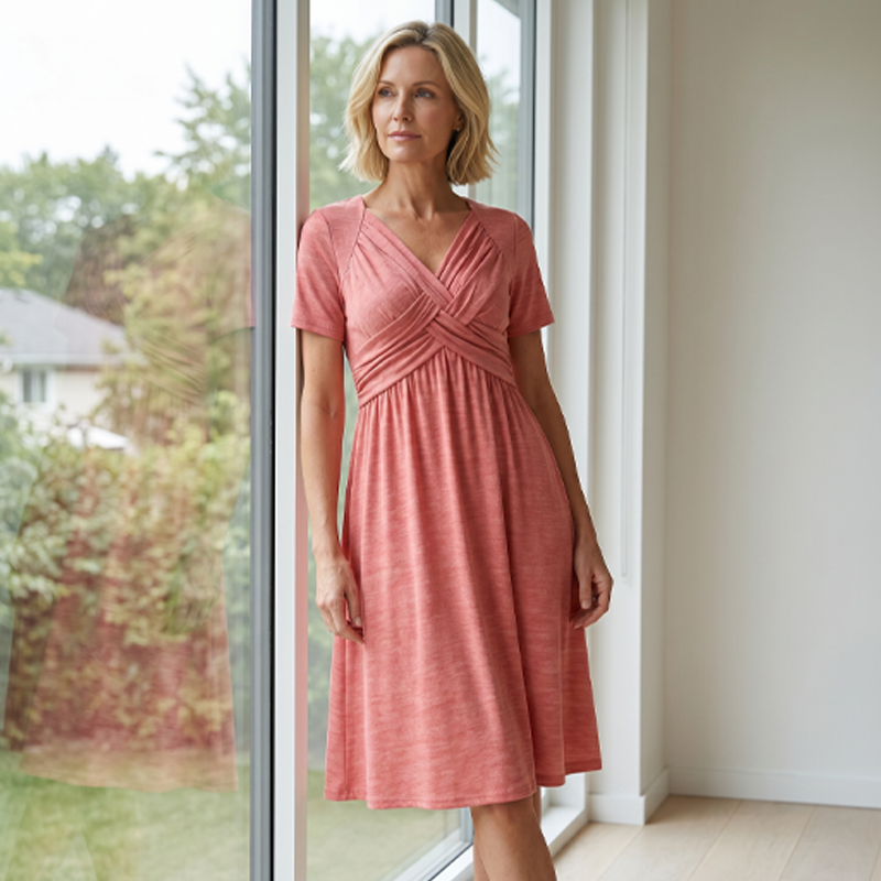 👗 Dámske dlhé šaty s výstrihom do V a krátkymi rukávmi 🌸 Elegantný splývavý strih, pohodlný materiál a nenáročný štýl pre každodenné nosenie