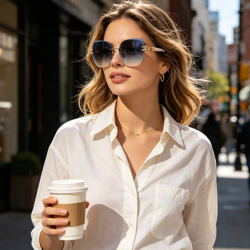 🕶️ Výrazné bezrámové slnečné okuliare – minimalistická kovová obruba, ochrana UV400, ľahké – platba na dobierku ✨