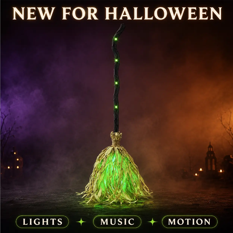 Animovaná halloweenska dekorácia – čarodejnícka metla so svetlom a zvukom